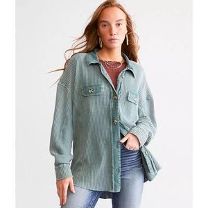 BKE Women's Washed Waffle Knit Long Sleeve Boyfriend Shirt Green Medium
